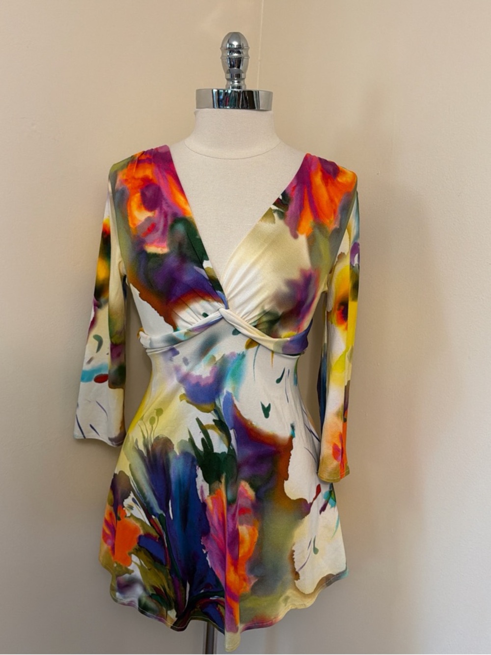 Elana Kattan Bright Floral Water Color Viscose Top S-M